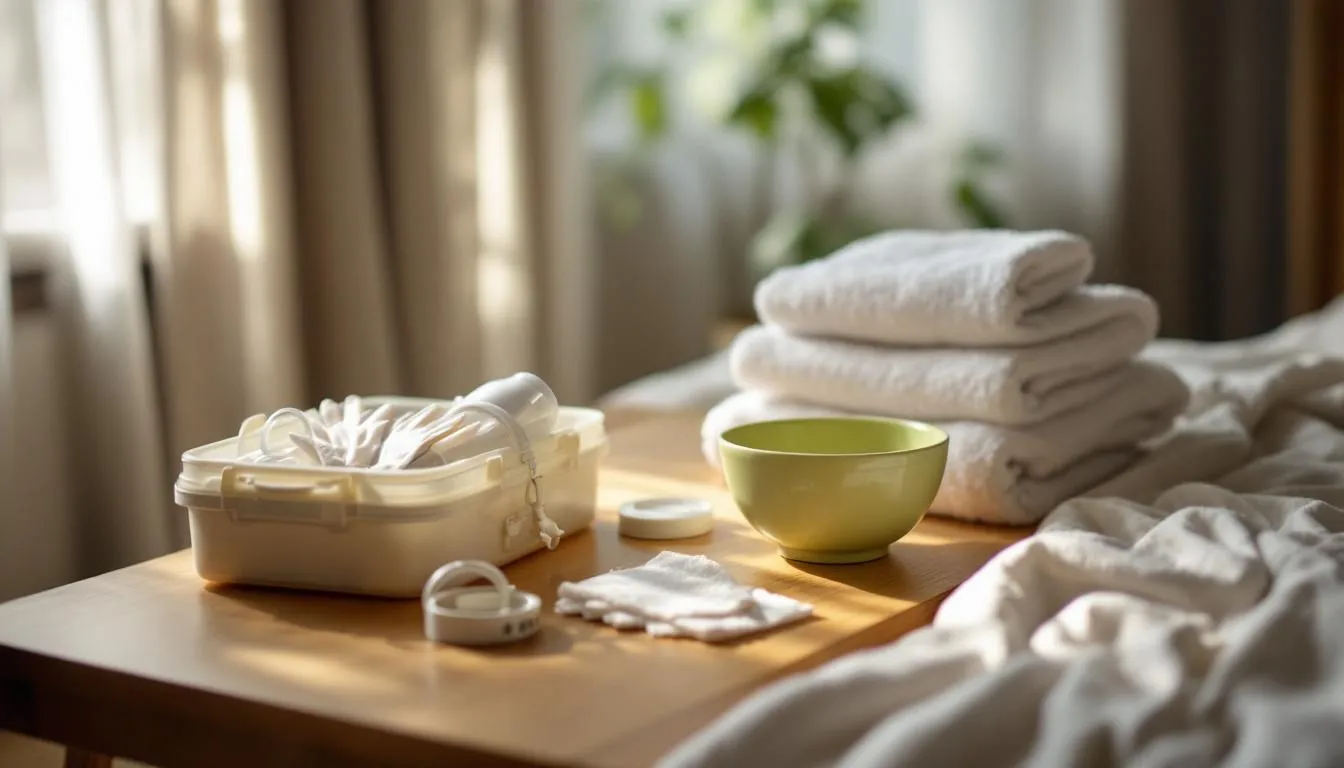 A variety of home birth supplies arranged neatly, including a birth kit and clean towels.