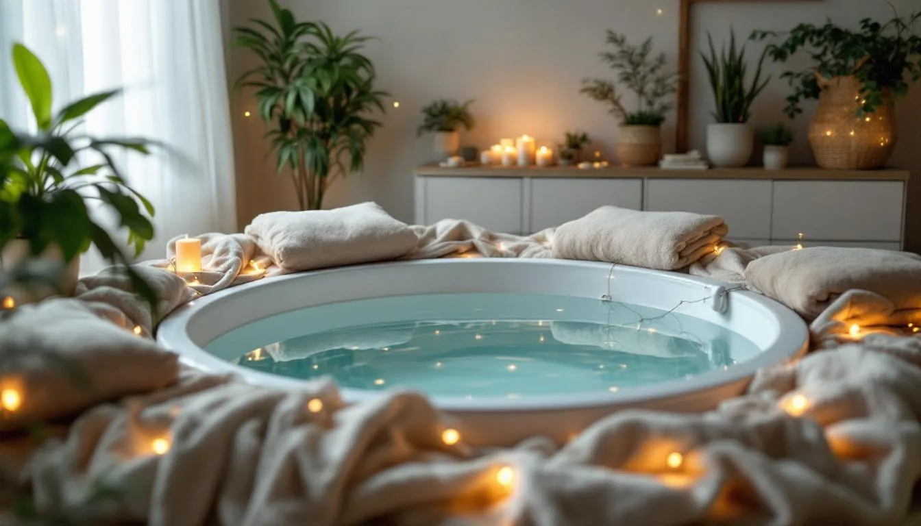 A beautifully set up birth pool ready for a water birth, surrounded by calming decorations.