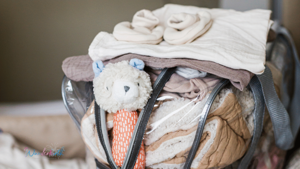 A hospital bag being packed with essential items for labor and delivery.