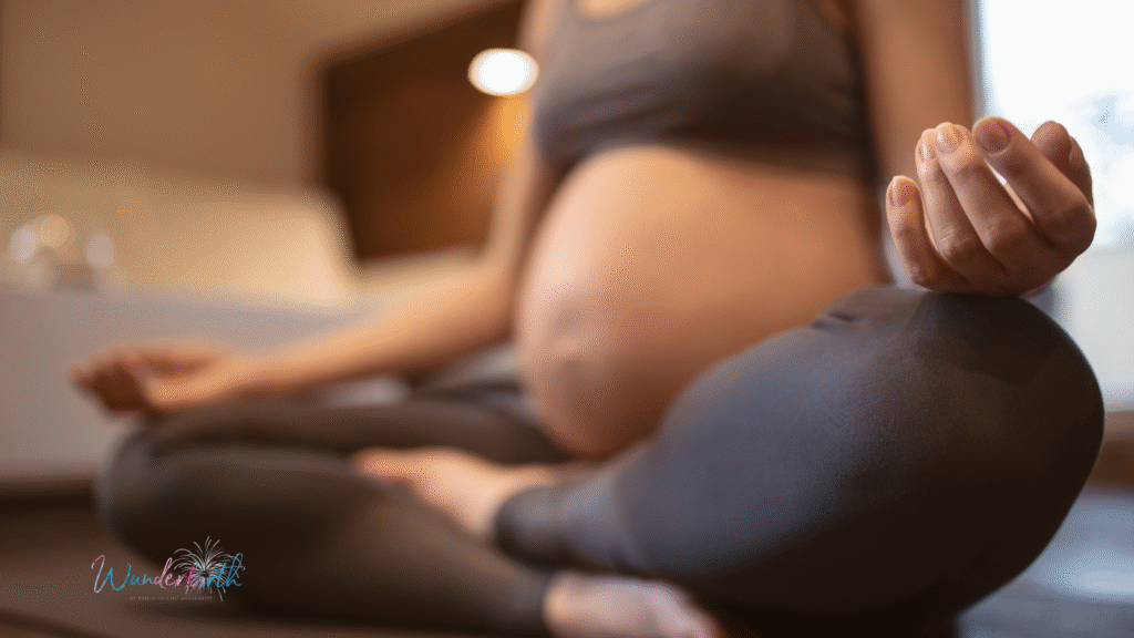A pregnant woman preparing her body for labor by practicing relaxation techniques.