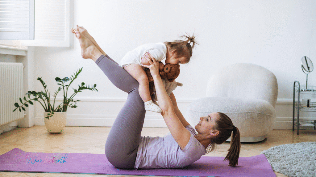 An illustration of pelvic floor exercises being performed by a woman with her baby, promoting recovery after perineal tears.