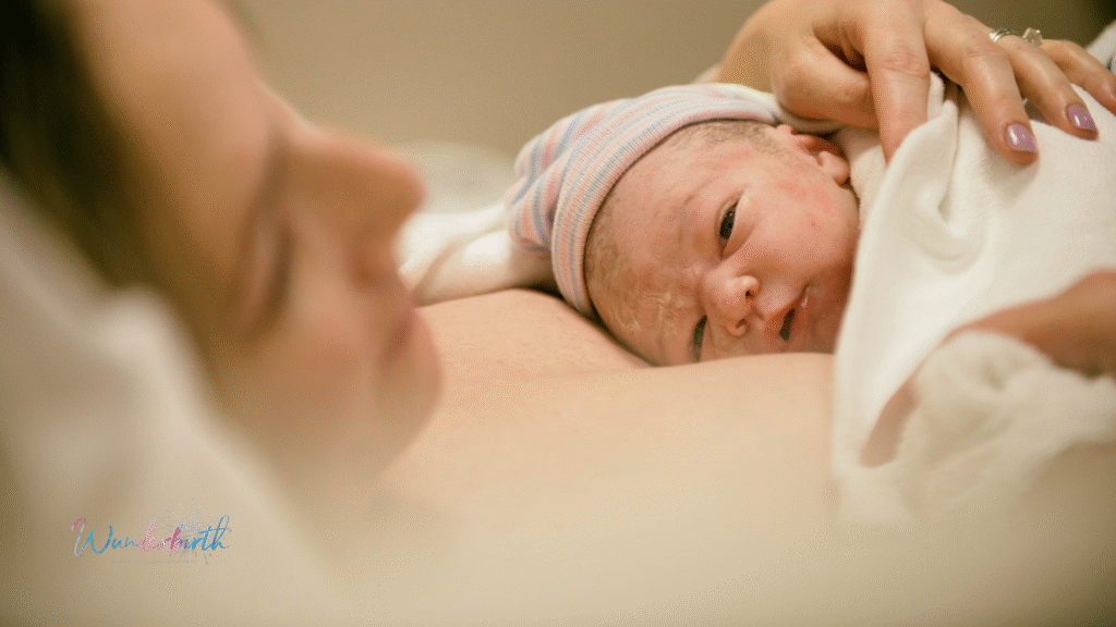 A scene in a delivery room with a mother and baby after childbirth.