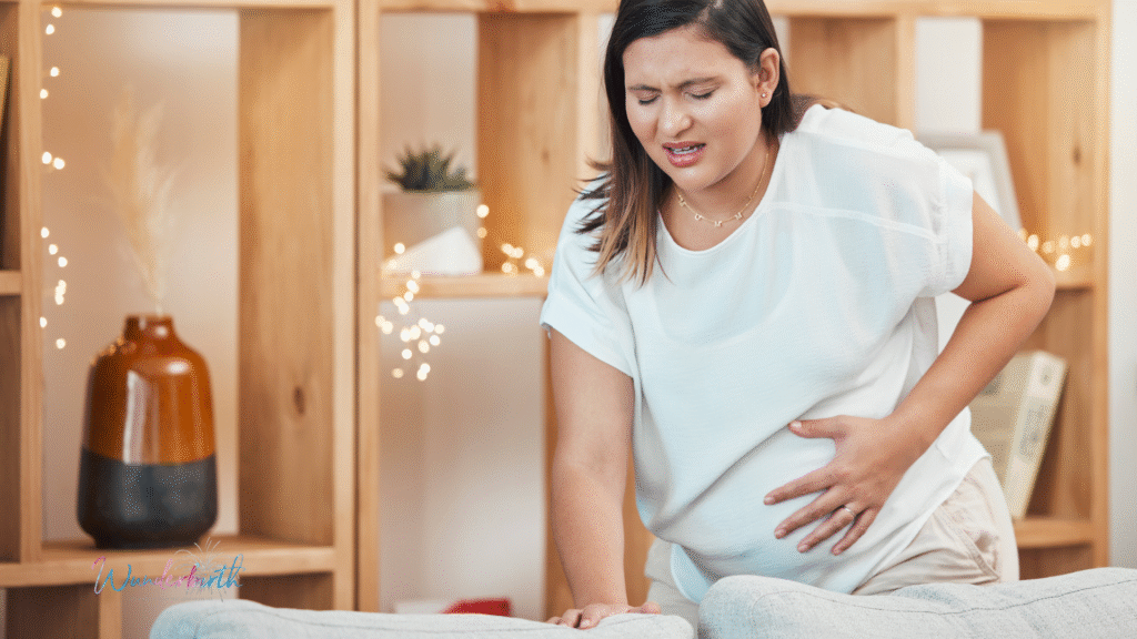 A pregnant mother in early labor contractions, showing the difference between mild and strong contractions.