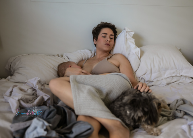 A serene home birth environment post delivery with baby in mother's arms and dog by her side.